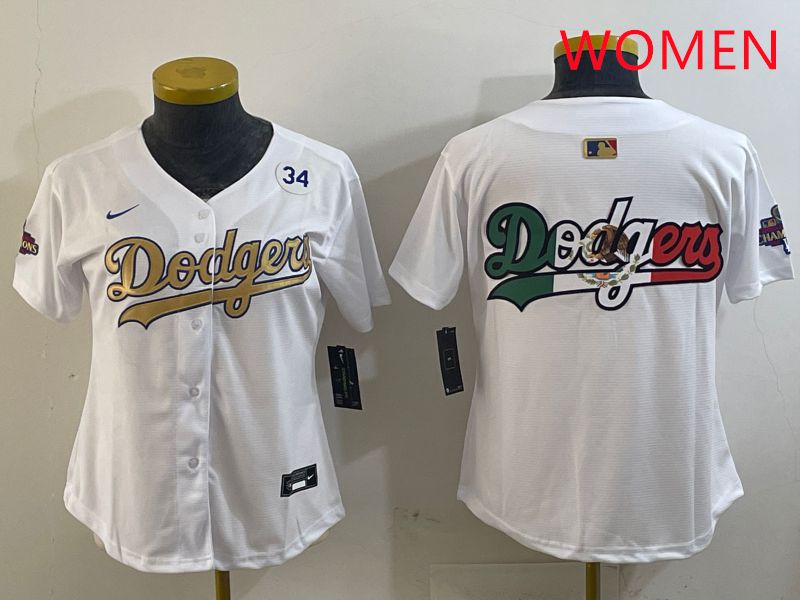 Women Los Angeles Dodgers Blank White Champion gold character 2025 Nike MLB Jersey style 11->women mlb jersey->Women Jersey